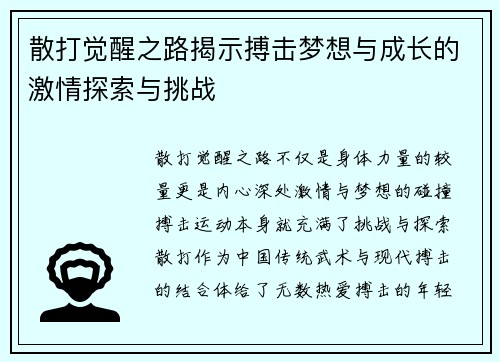 散打觉醒之路揭示搏击梦想与成长的激情探索与挑战